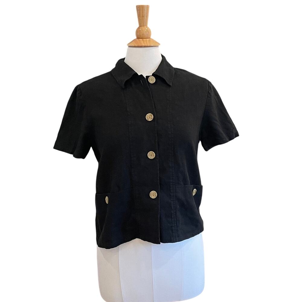 Vintage Coldwater Creek Cropped Black Linen Blend Short Sleeve Jacket, Blazer, S